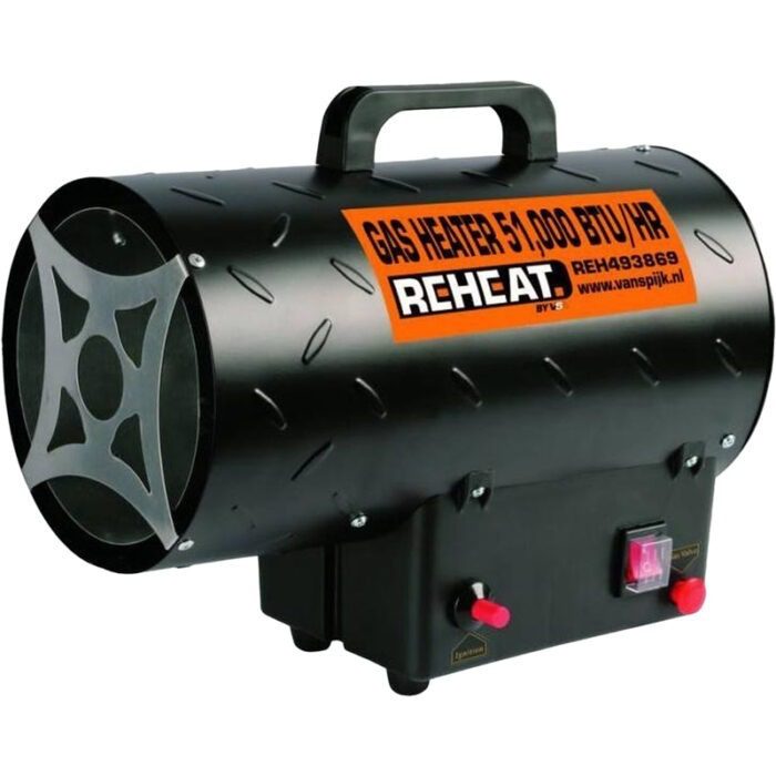 "Foto van REHEAT Gas Heater, een compacte, veelzijdige heater van Proffix met een capaciteit van 0 tot 15 kW, geschikt voor propaan en butaan.