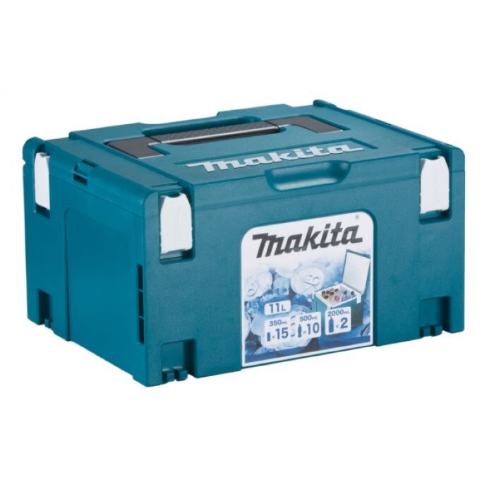 Afbeelding van de Makita CoolMbox 3, een draagbare koelbox met een inhoud van 11 liter. Ideaal voor het koel houden van drankjes tijdens werk of vrije tijd. Met afmetingen van 395x295x215 mm biedt het compacte ontwerp draagbaarheid en gemak voor onderweg. Product van proffix